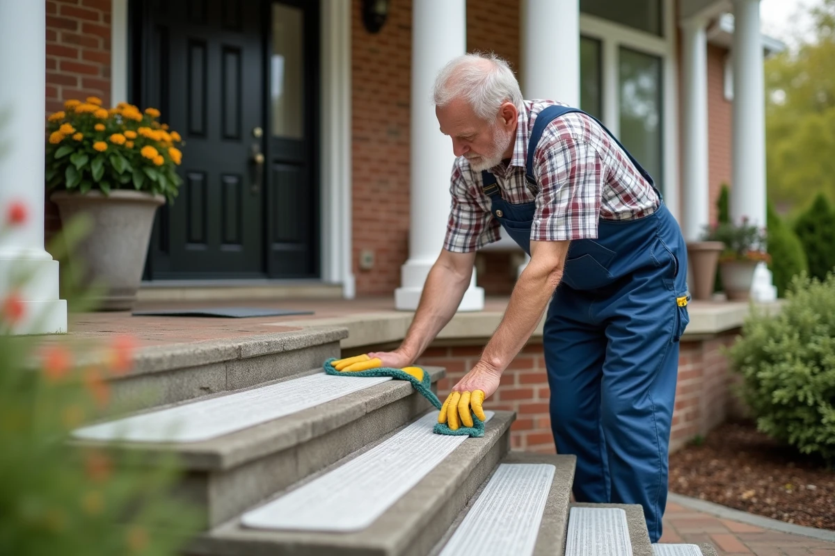 Homme nettoyant des bandes antidérapantes sur escalier extérieur