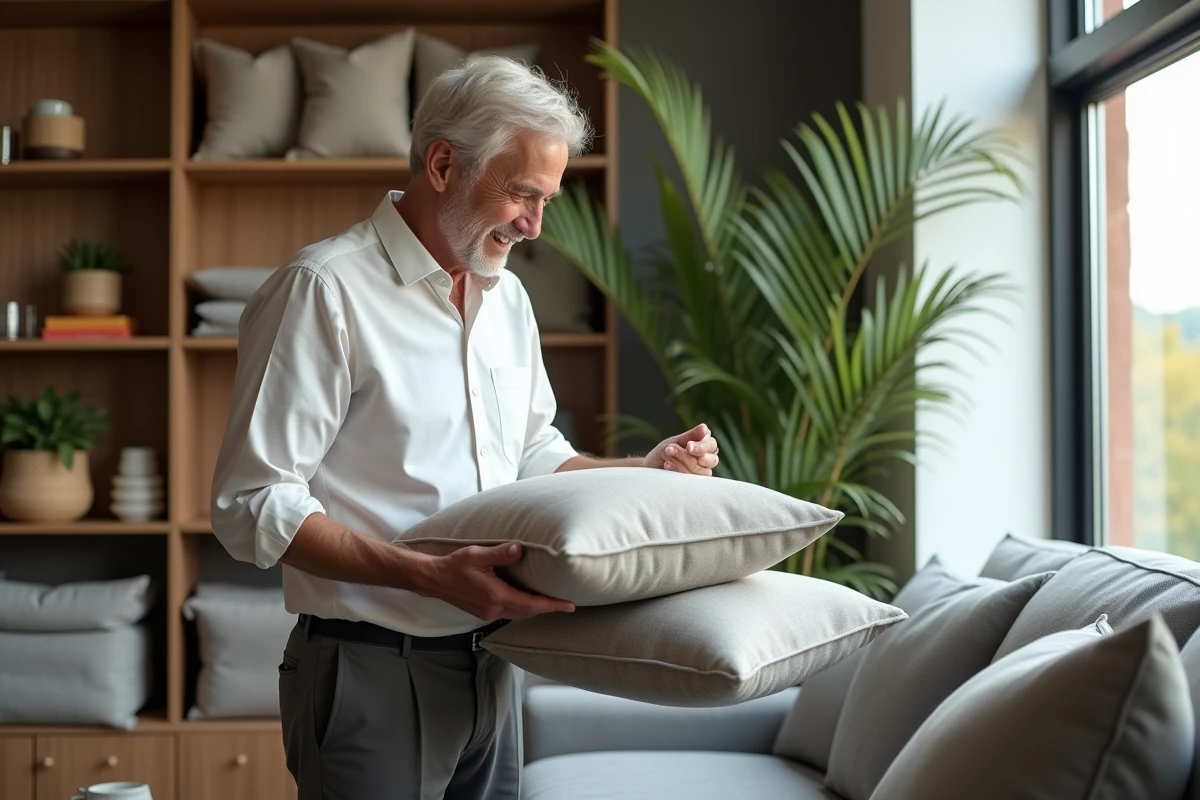 Homme choisissant un coussin dans un magasin de meubles