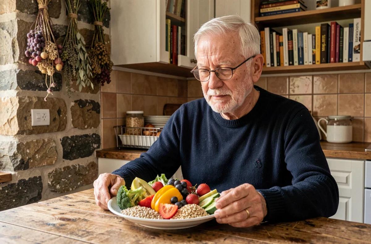 Homme senior aux cheveux blancs examinant une assiette équilibrée de fruits et légumes frais dans une cuisine rustique, symbolisant l'importance d'une alimentation saine après 60 ans