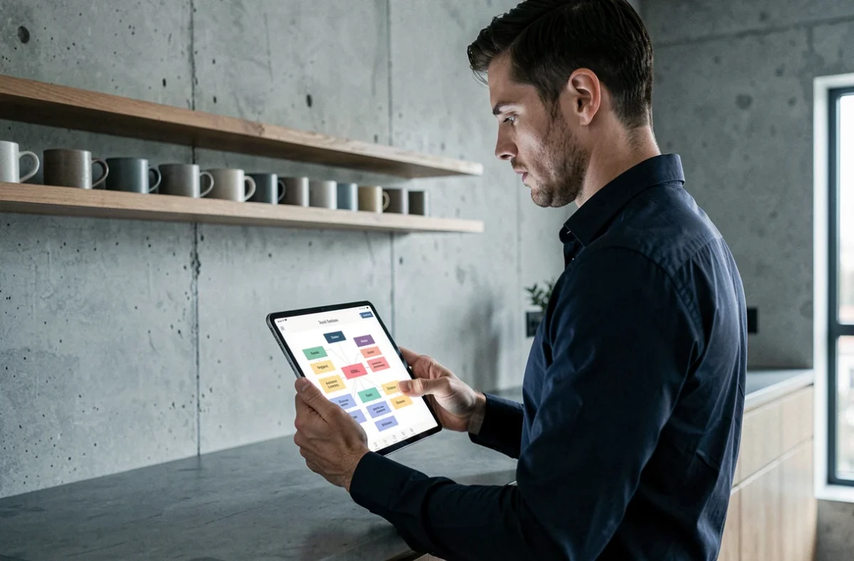 Homme consultant le plan du site d'une boutique mode en ligne sur une tablette dans une cuisine moderne