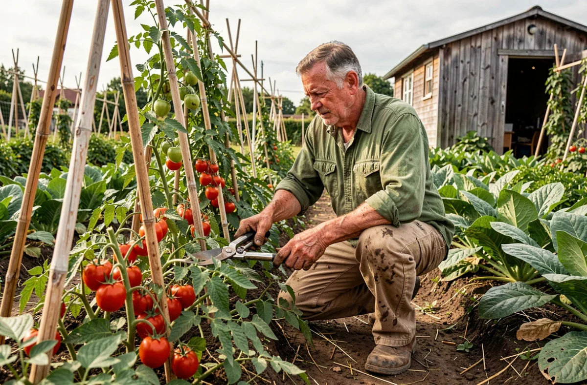 Homme qui taille des plants de tomates dans un grand potager en été