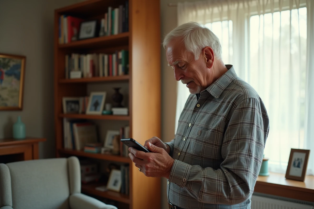 Homme agee écoute un message vocal dans le salon