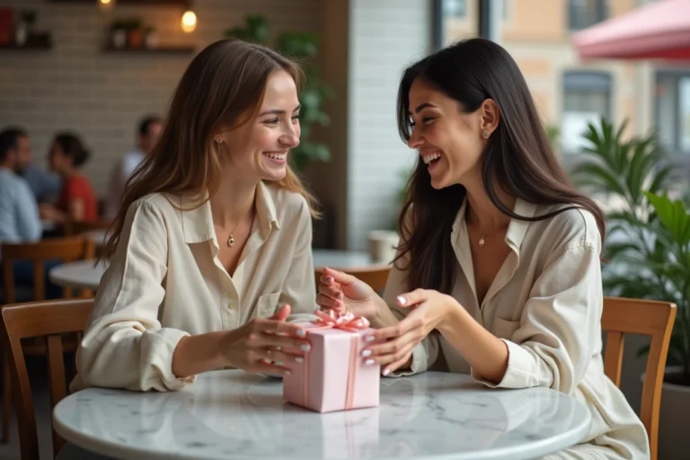 Deux amies échangeant des cadeaux de bijoux dans un café parisien, souriant et portant des accessoires délicats