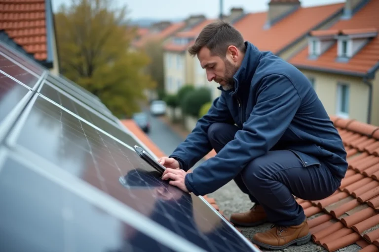 Ingénieur inspectant des panneaux solaires sur un toit résidentiel en France, autonomie énergétique
