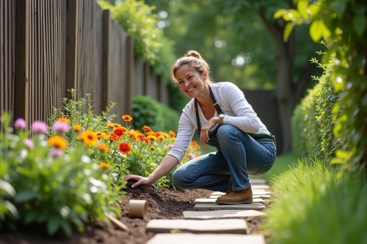 Femme d'âge moyen en jardinage arrangeant des plantes colorées