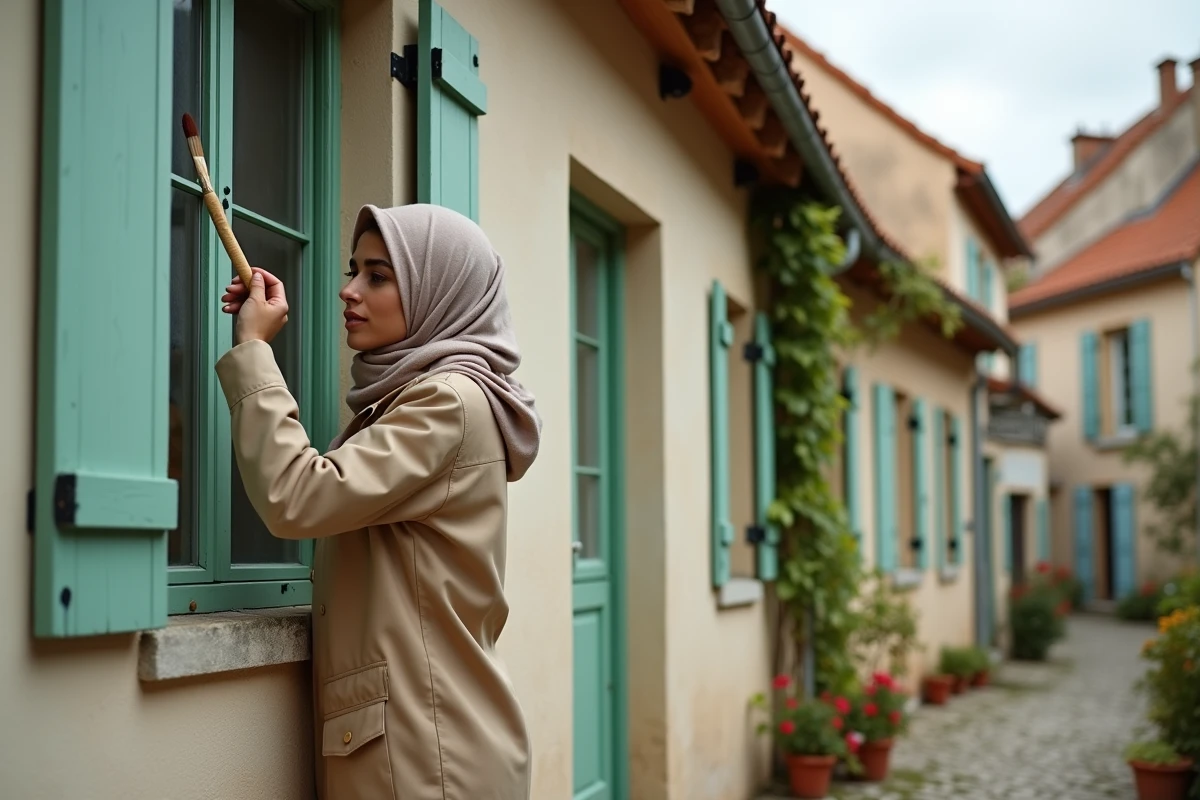 Jeune femme peignant une fenêtre en campagne française