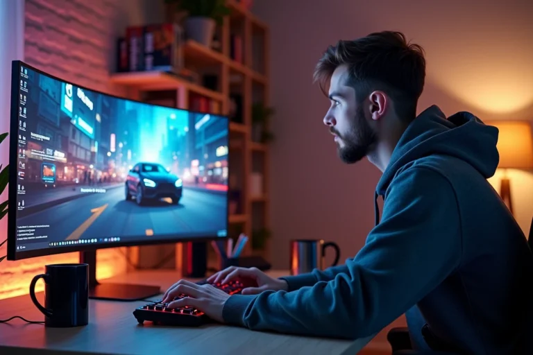 Jeune homme concentré devant un écran gaming ultrawide dans un bureau moderne avec accessoires high-tech