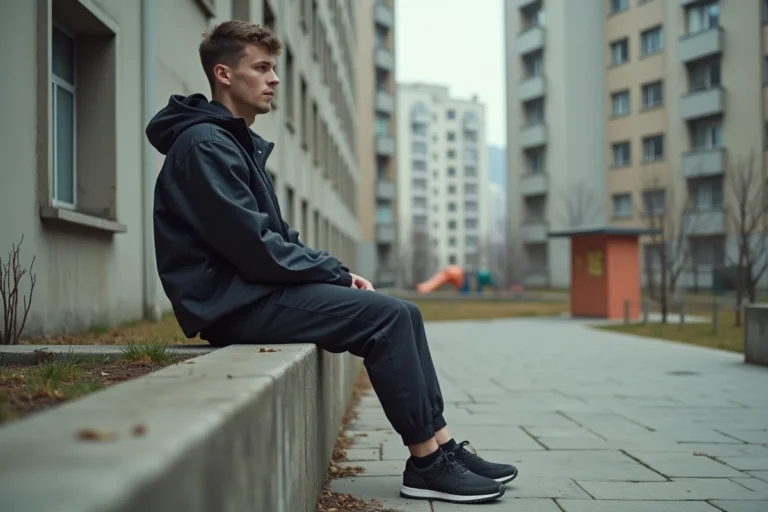 Jeune homme en tenue casual dans une cour urbaine