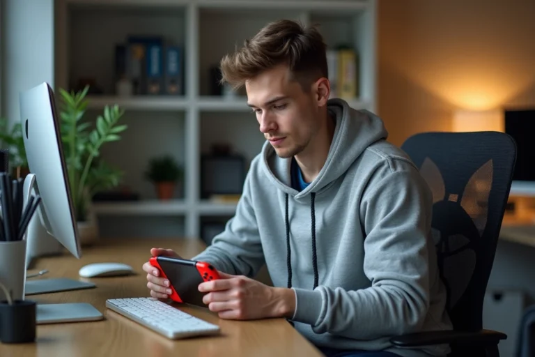 Jeune homme concentré jouant à la Switch dans un bureau moderne