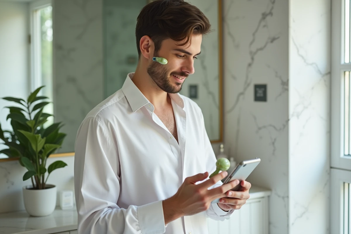 Jeune homme utilisant un rouleau de jade dans la salle de bain