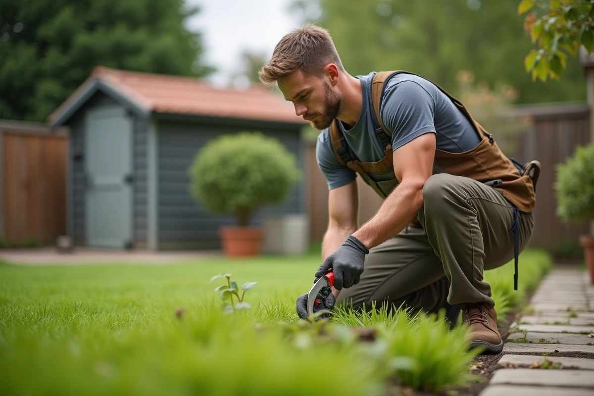 Jeune homme taillant des buissons dans un jardin pratique