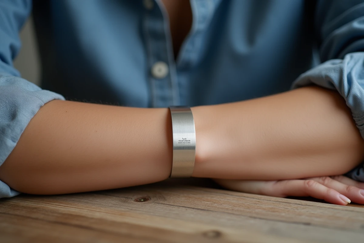 Armband aus recyceltem Silber, made in France, am Handgelenk getragen, mit sichtbarer handwerklicher Gravur auf der Innenseite
