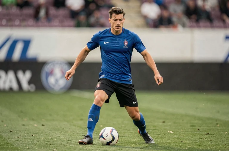 Joueur de football français en entraînement sur un terrain de pelouse avec un stade en arrière-plan flou