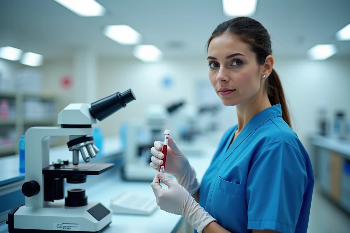 Technicienne de laboratoire médical analysant un échantillon sanguin pour détecter une granulocytose