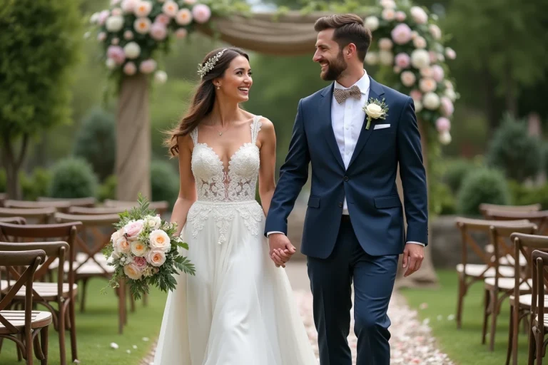 Jeune couple de mariés souriants dans un jardin lors de leur mariage