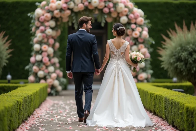 Mariage en plein air avec mariée et marié dans un jardin
