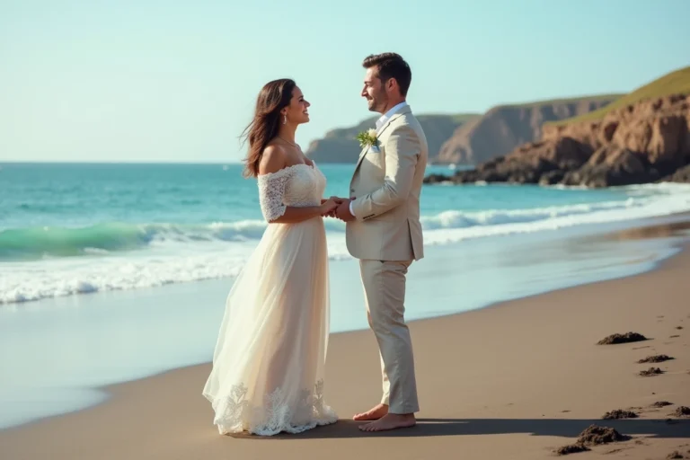 Couple échangeant des vœux pieds nus sur une plage de sable volcanique au Cap Vert lors d'une cérémonie de mariage en plein air