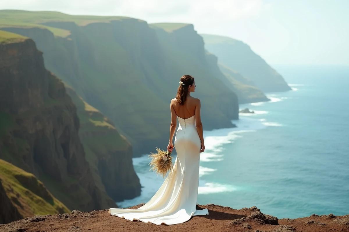 Mariée en robe sirène ivoire debout sur une falaise spectaculaire de Santo Antão au Cap Vert avec vue sur l'océan Atlantique