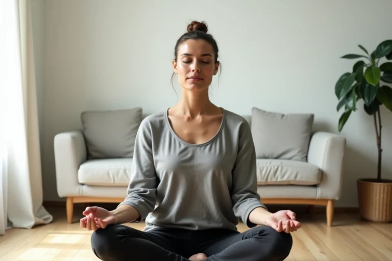 Femme pratiquant la méditation chez elle pour améliorer son bien-être quotidien