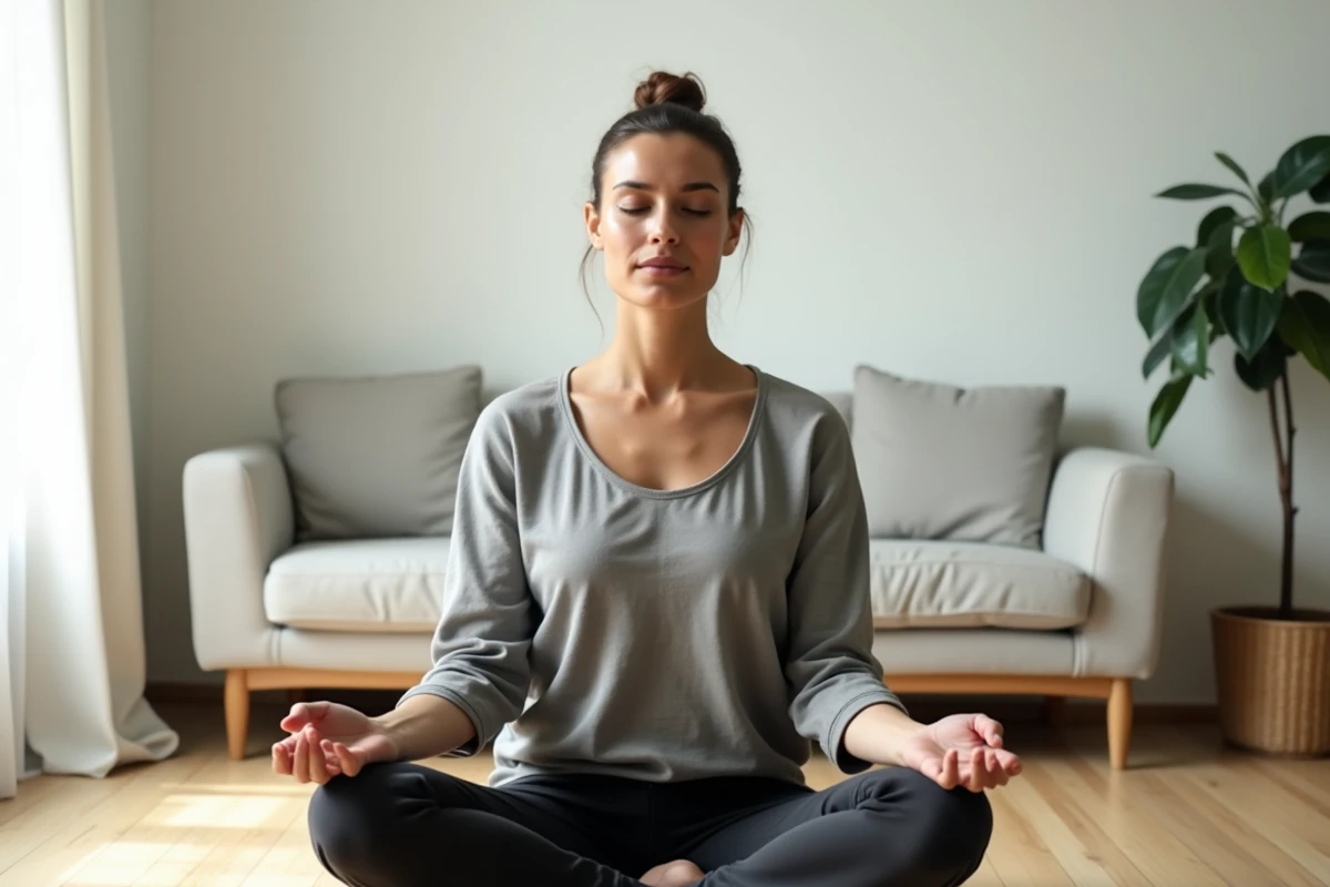 Femme pratiquant la méditation chez elle pour améliorer son bien-être quotidien