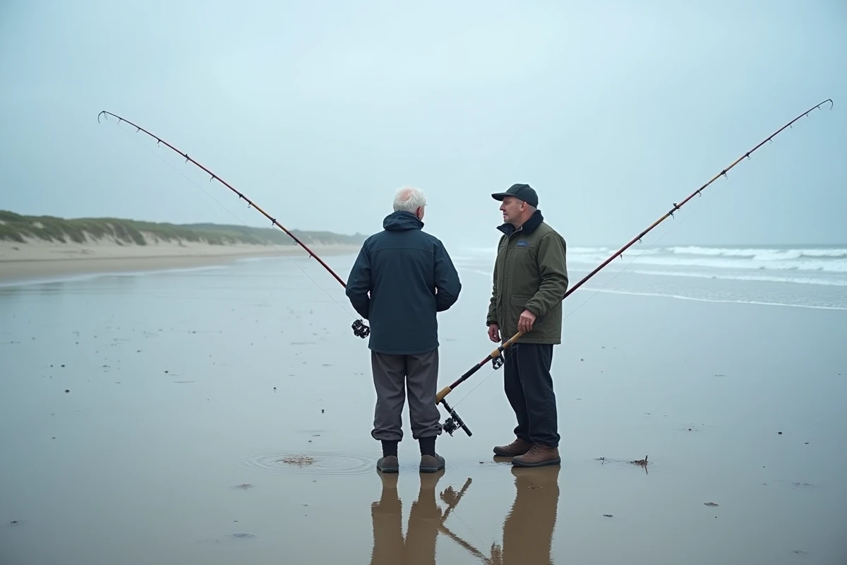 Deux pêcheurs au lancer sur une plage de sable à marée basse près du Guilvinec en Finistère
