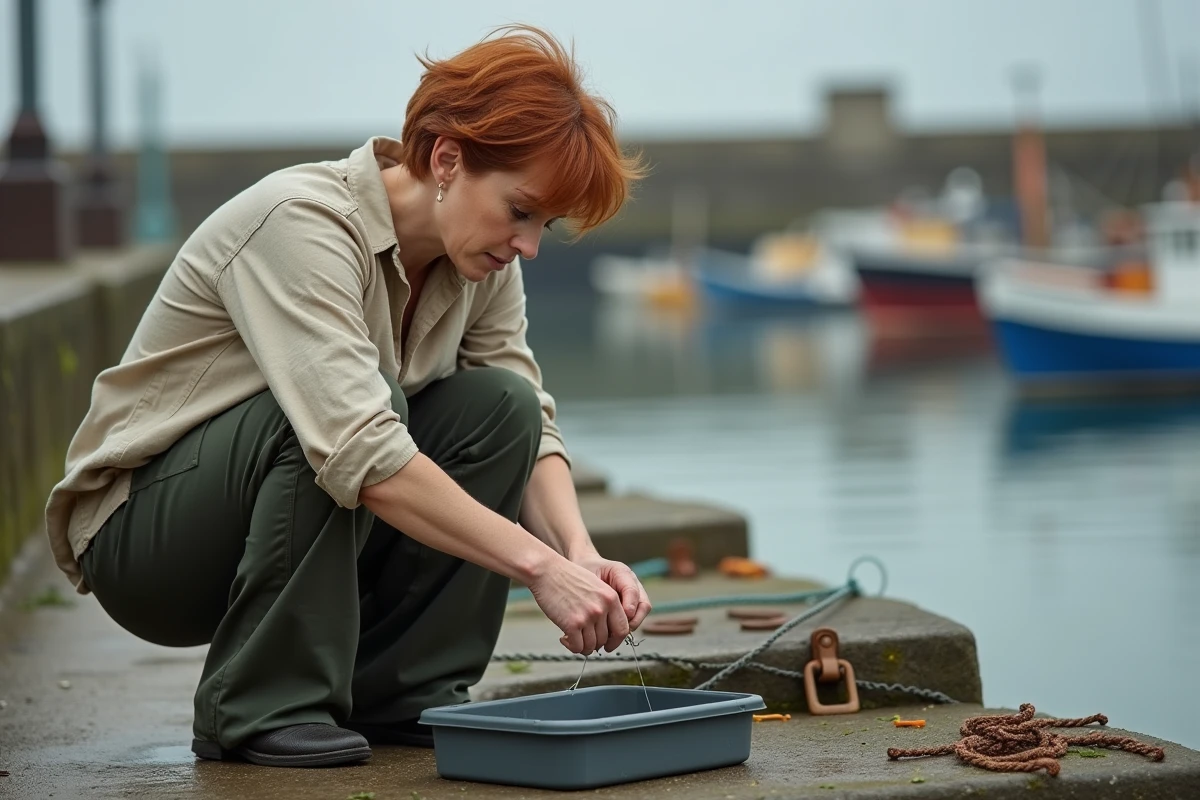 Femme pêcheuse préparant son appât sur le quai du port du Guilvinec avec matériel de pêche au bord