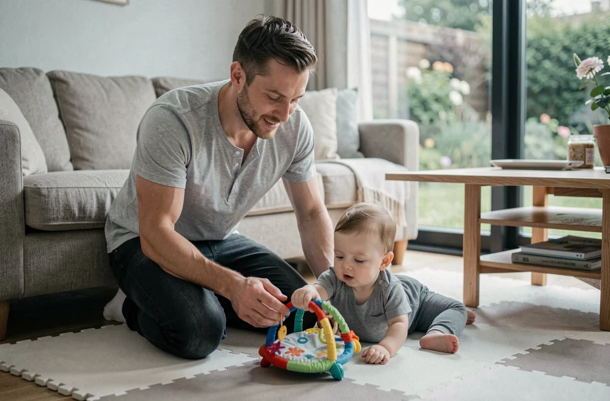 Père jouant avec son bébé de cinq mois lors d'une séance d'éveil sur un tapis de jeu coloré dans un salon moderne