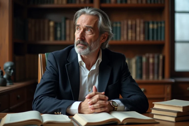 Philosophe pensif assis à un bureau en chêne entouré de livres de philosophie, plongé dans une réflexion profonde sur l'essence de l'être