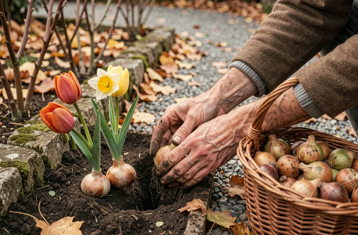Mains qui plantent des bulbes de tulipes et narcisses dans un jardin en automne