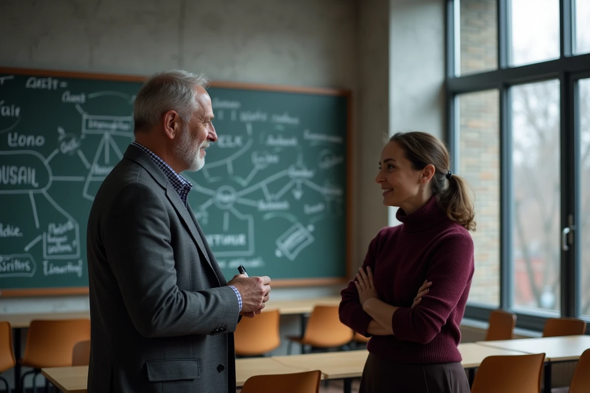 Deux professeurs de philosophie en discussion animée devant un tableau noir couvert de concepts philosophiques sur l'essence et l'être dans une salle universitaire