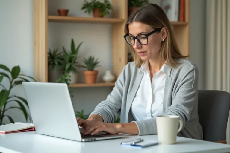 Femme propriétaire connectée à son espace bureau en ligne sur un ordinateur portable à domicile