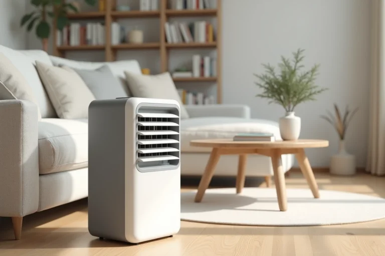 Rafraîchisseur d'air évaporatif blanc posé sur parquet en chêne dans un salon moderne de style scandinave