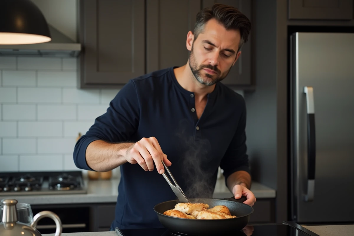 Homme réchauffant des morceaux de poulet rôti dans une poêle couverte avec du bouillon sur une cuisinière moderne