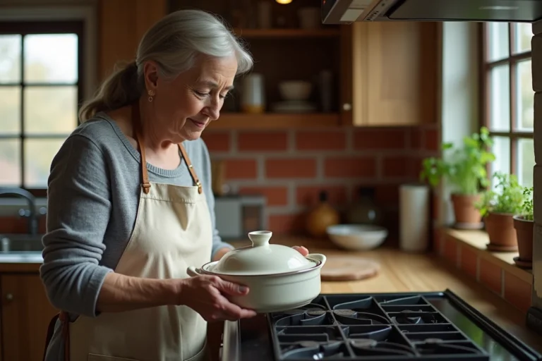 Femme réchauffant un plat de viande cuite dans un four domestique avec un plat en céramique couvert