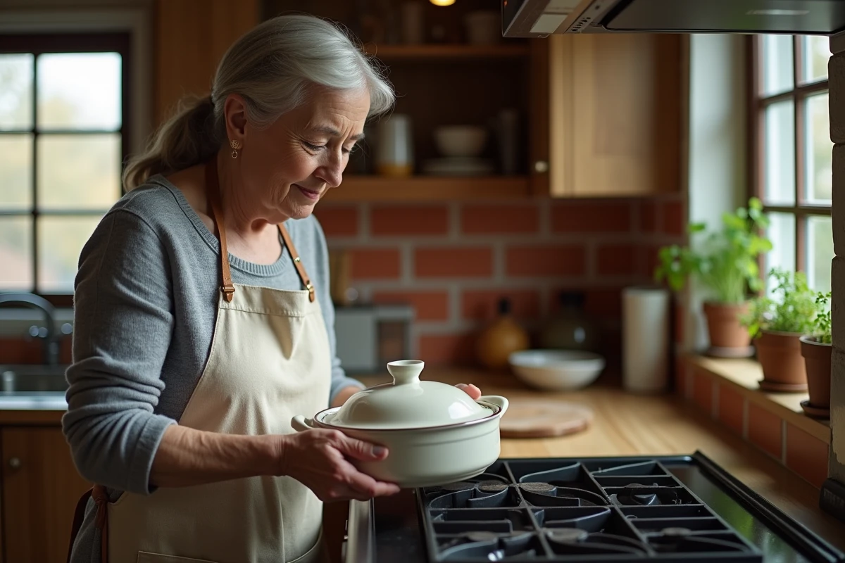 Femme réchauffant un plat de viande cuite dans un four domestique avec un plat en céramique couvert