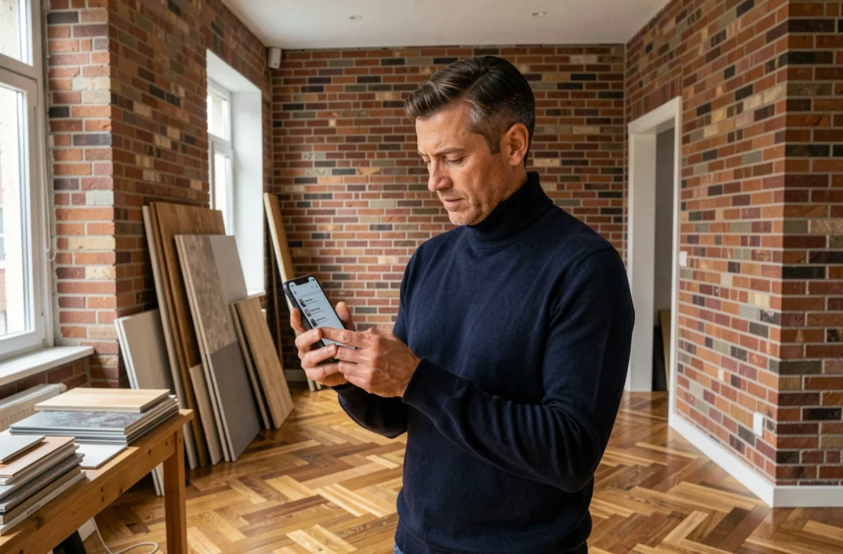 Homme recherchant les coordonnées d'un décorateur d'intérieur sur smartphone dans un appartement en rénovation