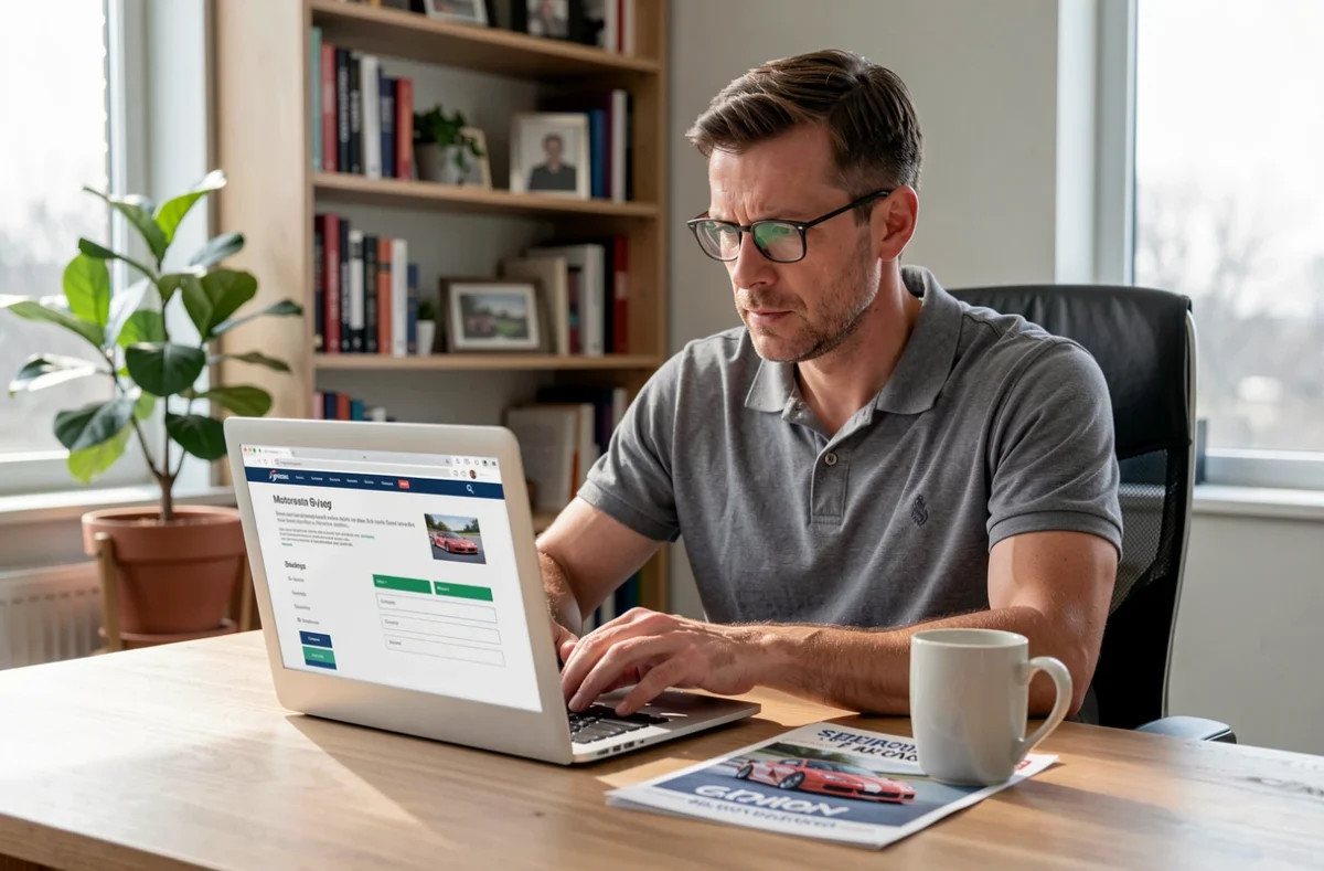 Homme consultant les formules et prix du Bol d'Or 2026 sur un site de réservation en ligne depuis son bureau