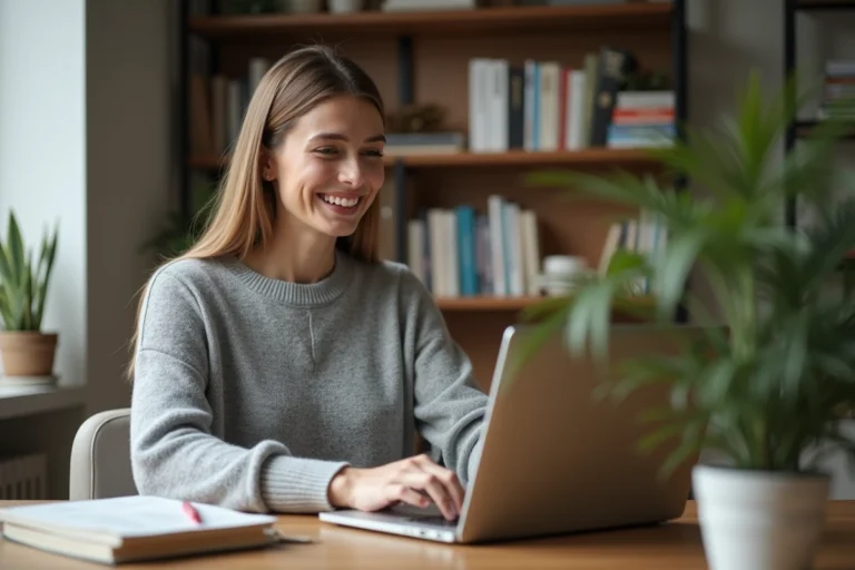 Femme utilisant les ressources en ligne d'Onflex sur son ordinateur portable dans un bureau à domicile moderne