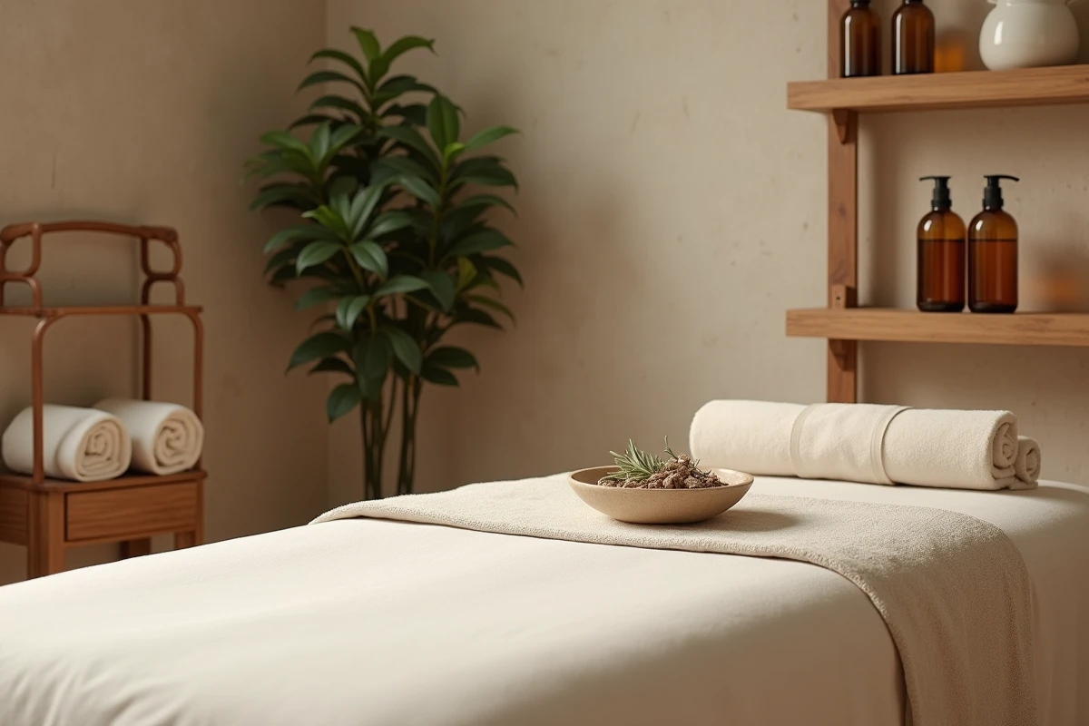 Salle de soin bien-être parisienne avec table de massage préparée, huiles naturelles et atmosphère apaisante