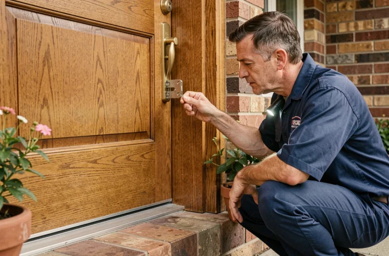 Serrurier professionnel inspectant une serrure de sécurité sur une porte d'entrée en chêne