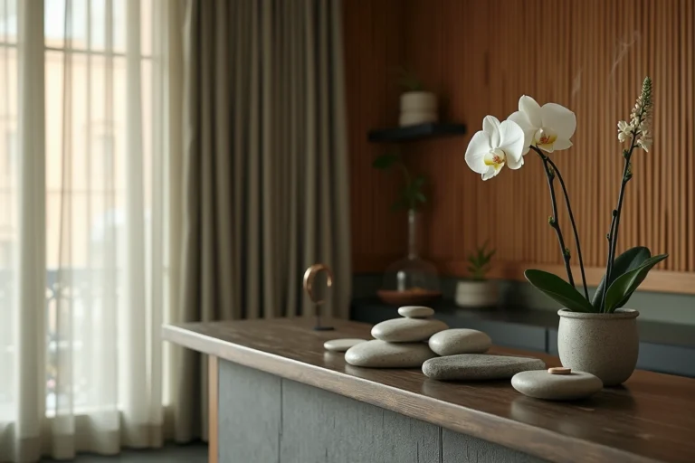 Réception d'un spa bien-être parisien avec décoration zen et ambiance apaisante pour massages holistiques