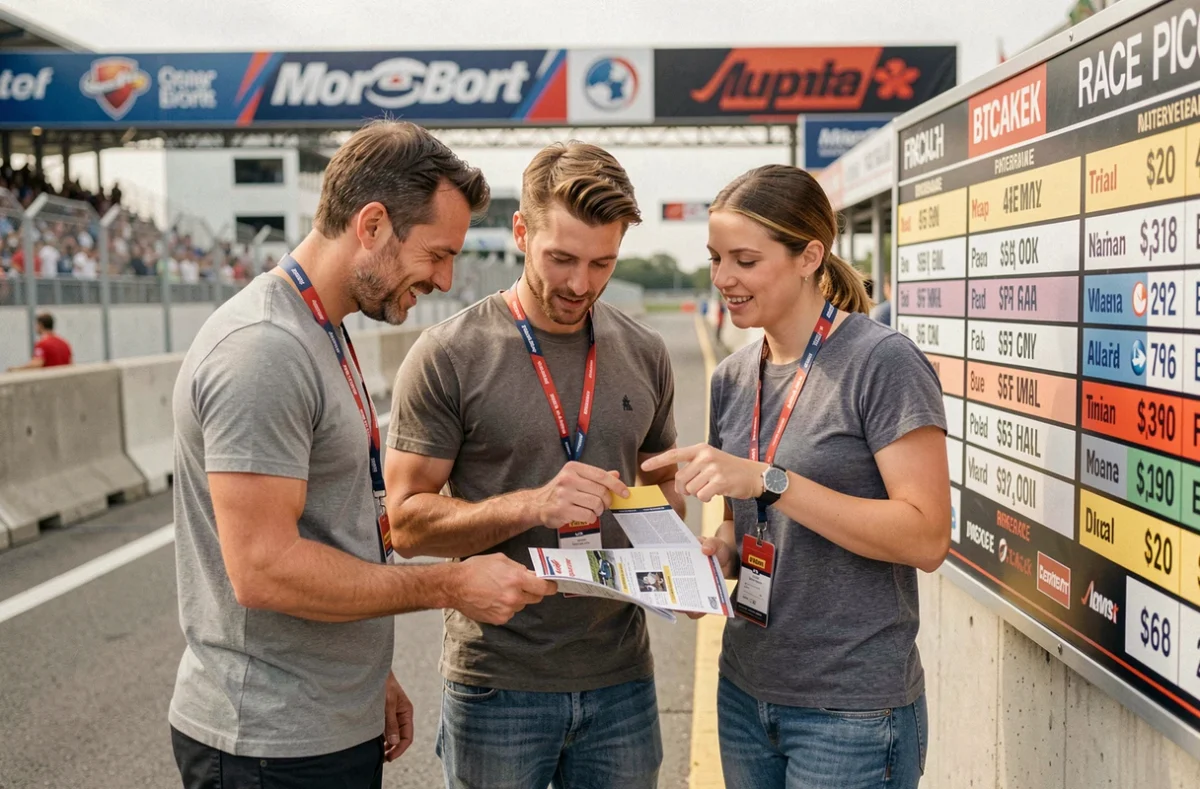Trois spectateurs consultant les tarifs et formules disponibles à l'entrée du circuit du Bol d'Or 2026