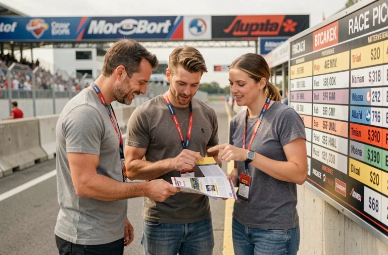 Trois spectateurs consultant les tarifs et formules disponibles à l'entrée du circuit du Bol d'Or 2026