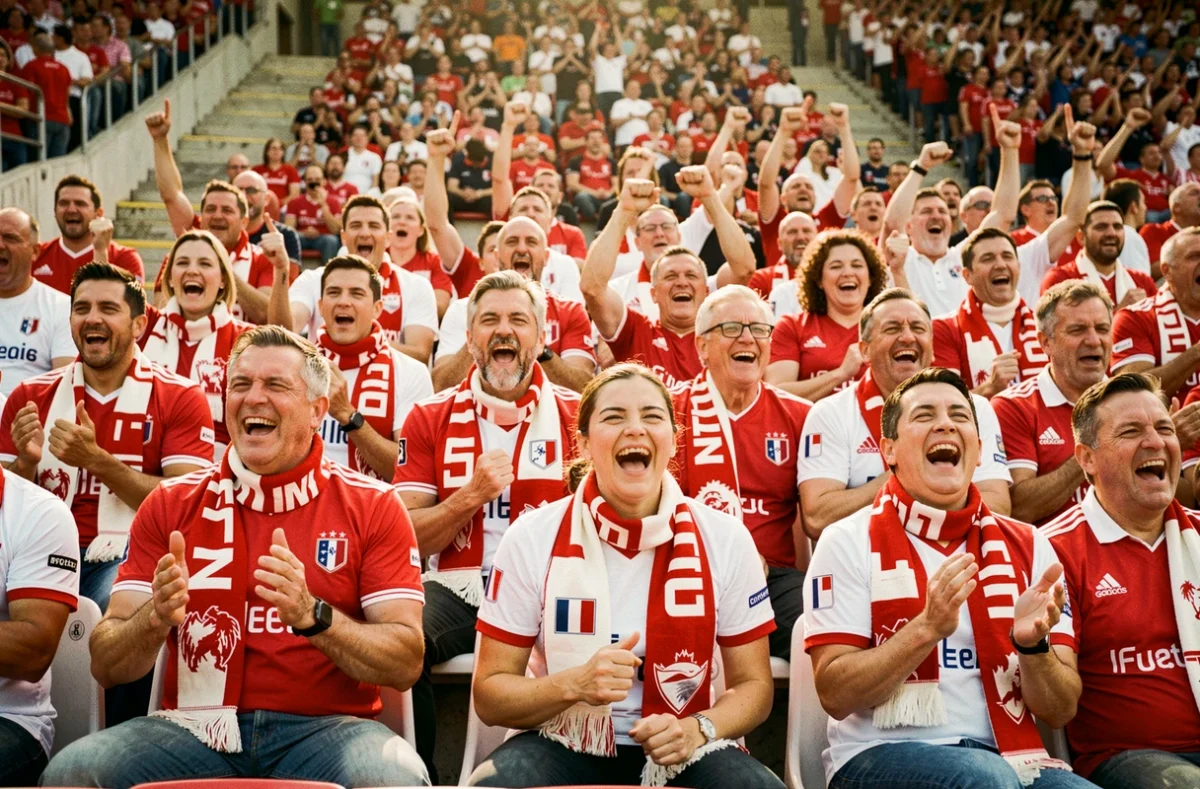 Supporters français passionnés dans les tribunes d'un stade lors d'un match de sport en direct