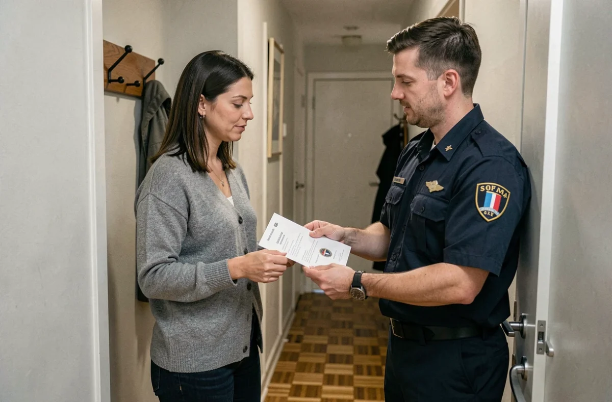 Propriétaire vérifiant les certifications d'un serrurier avant intervention à domicile