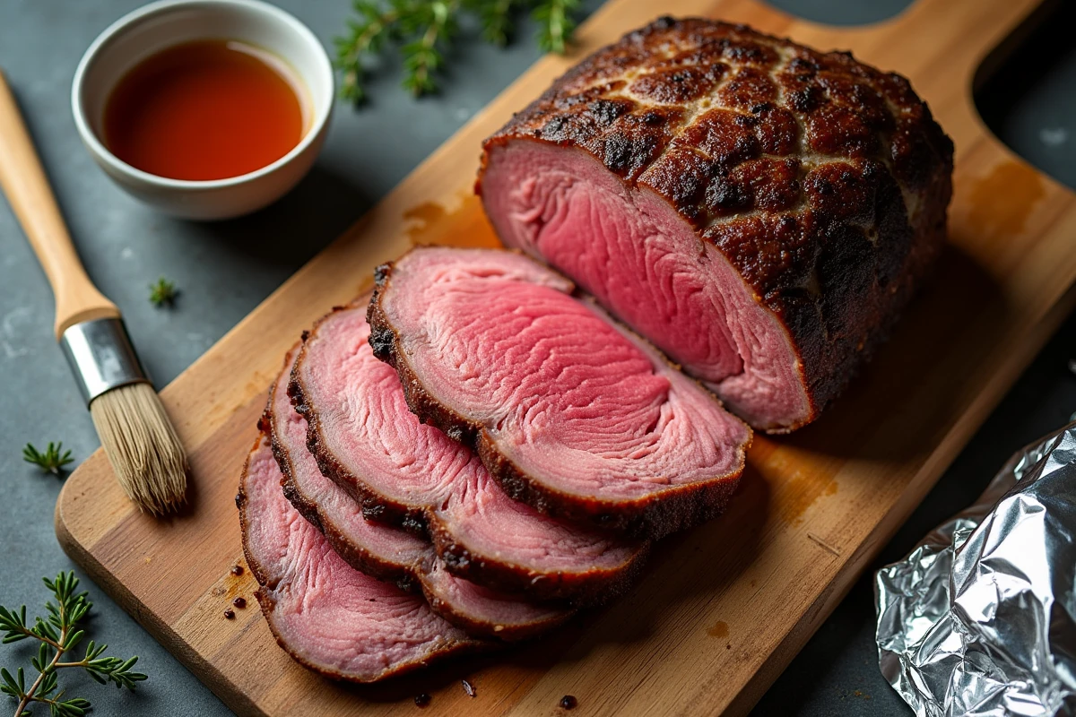 Viande de bœuf rôtie tranchée sur une planche en bois avec bouillon et papier aluminium pour la réchauffer